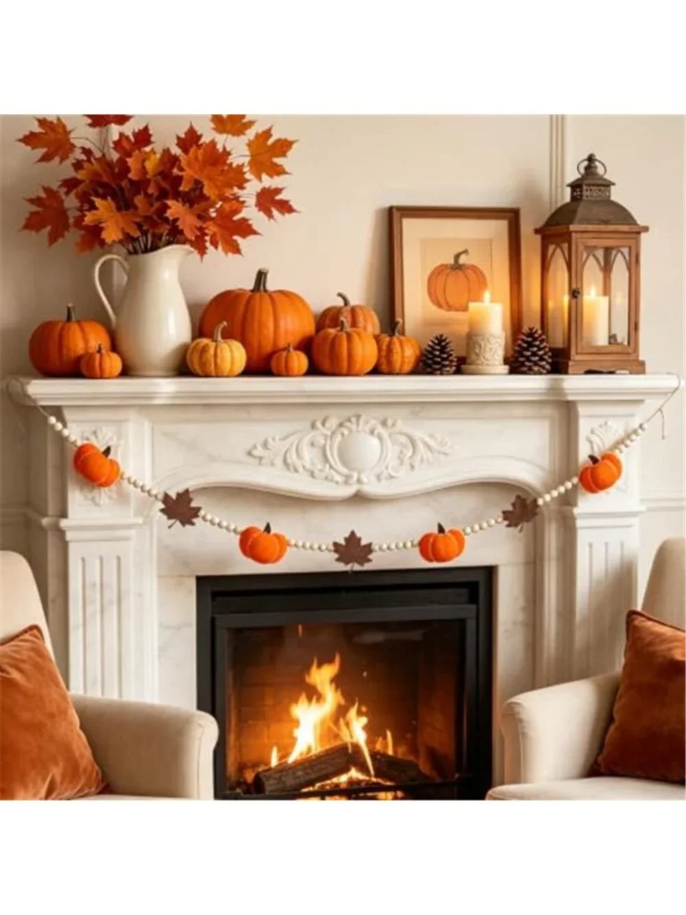 6.8 FT Fall Pumpkin Garland with Maple Leaves and Wood Beads, Autumn Decor